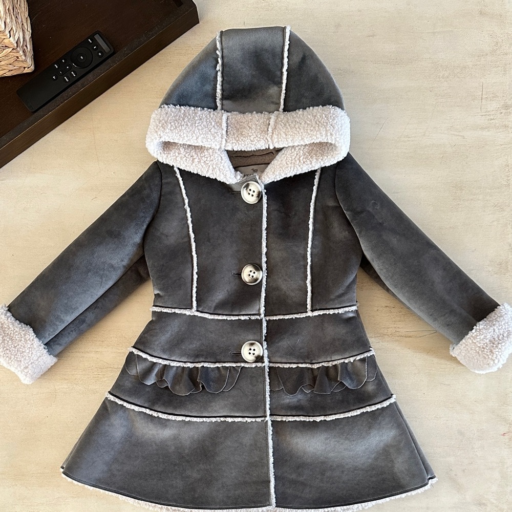 Gray Hooded Kids Coat with White Trim